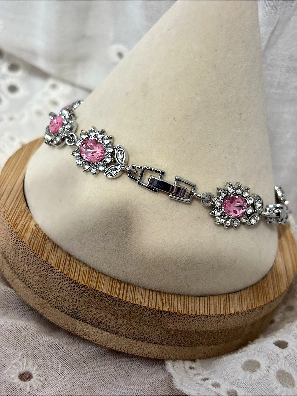Pink Floral Rhinestone Bracelet - Picture 3 of 5